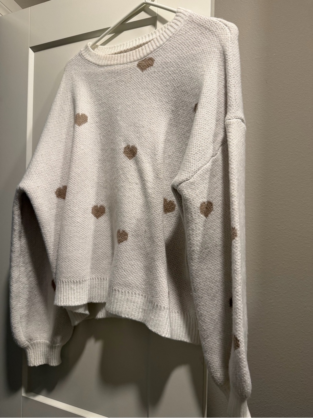 SHEIN Cream Knit Crewneck Sweater with Tan Heart Accents